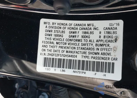 2016 Honda Civic Lx из США, поврежденный, VIN 2HGFC2F57GH544924